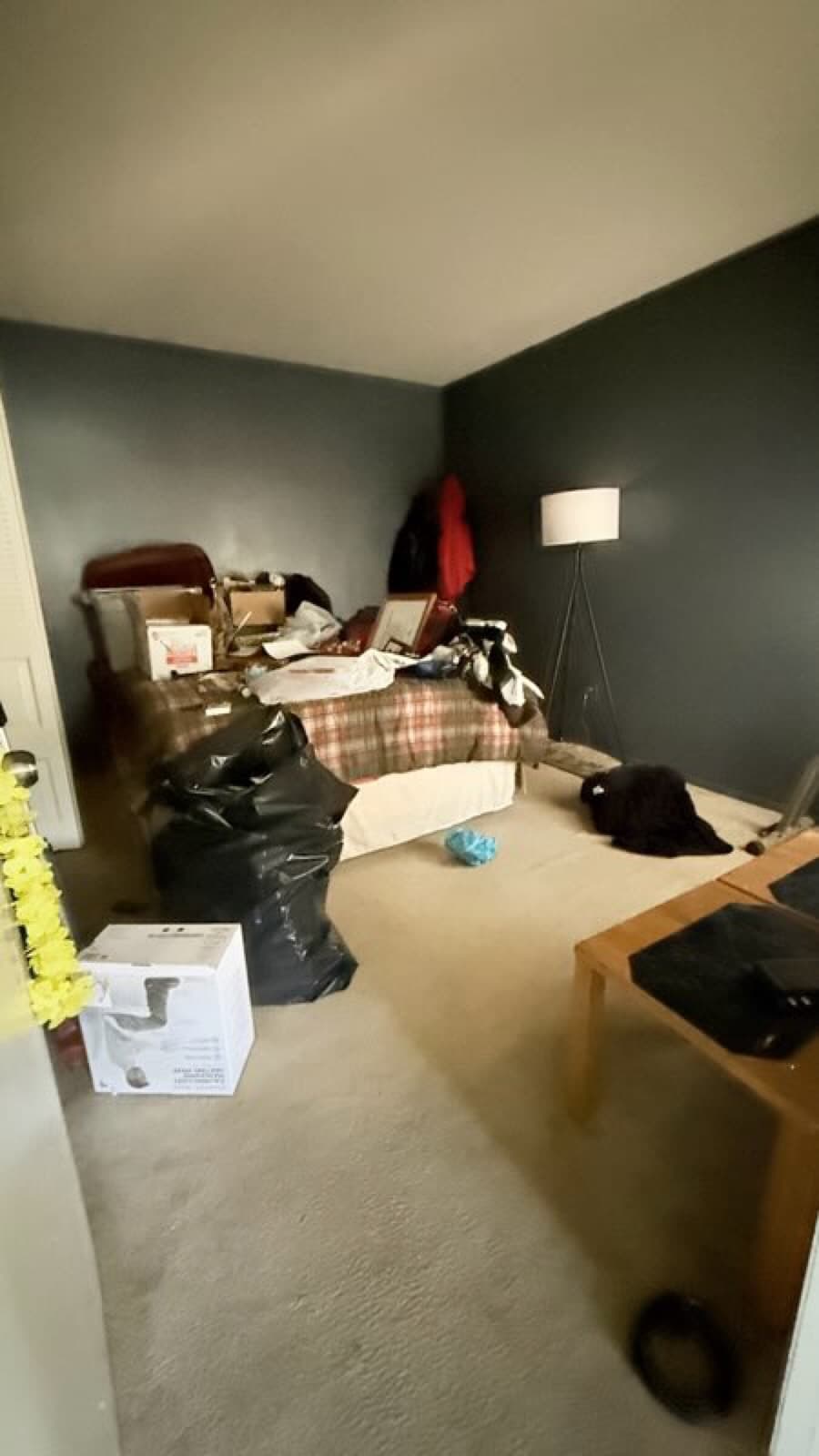 Daniel's inherited home before: a cluttered, dated room full of belongings to clear out